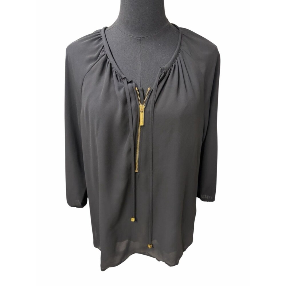 Michael Kors Black Zip Front Blouse Gold Hardware Top Size S